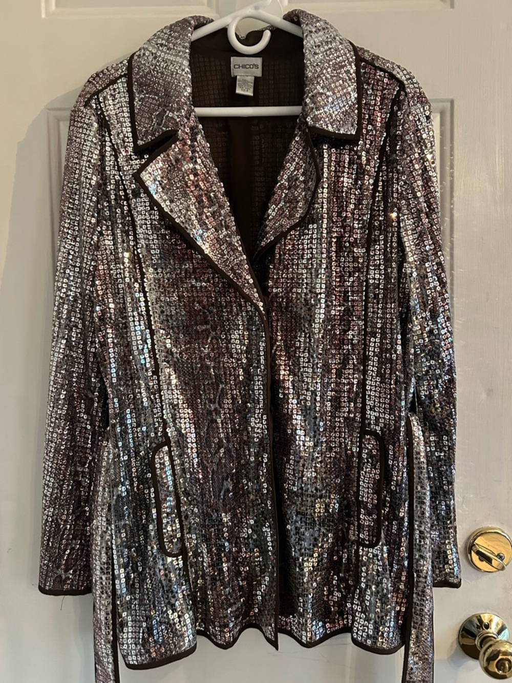 Chico's Glam Silver Sequin Trench Coat